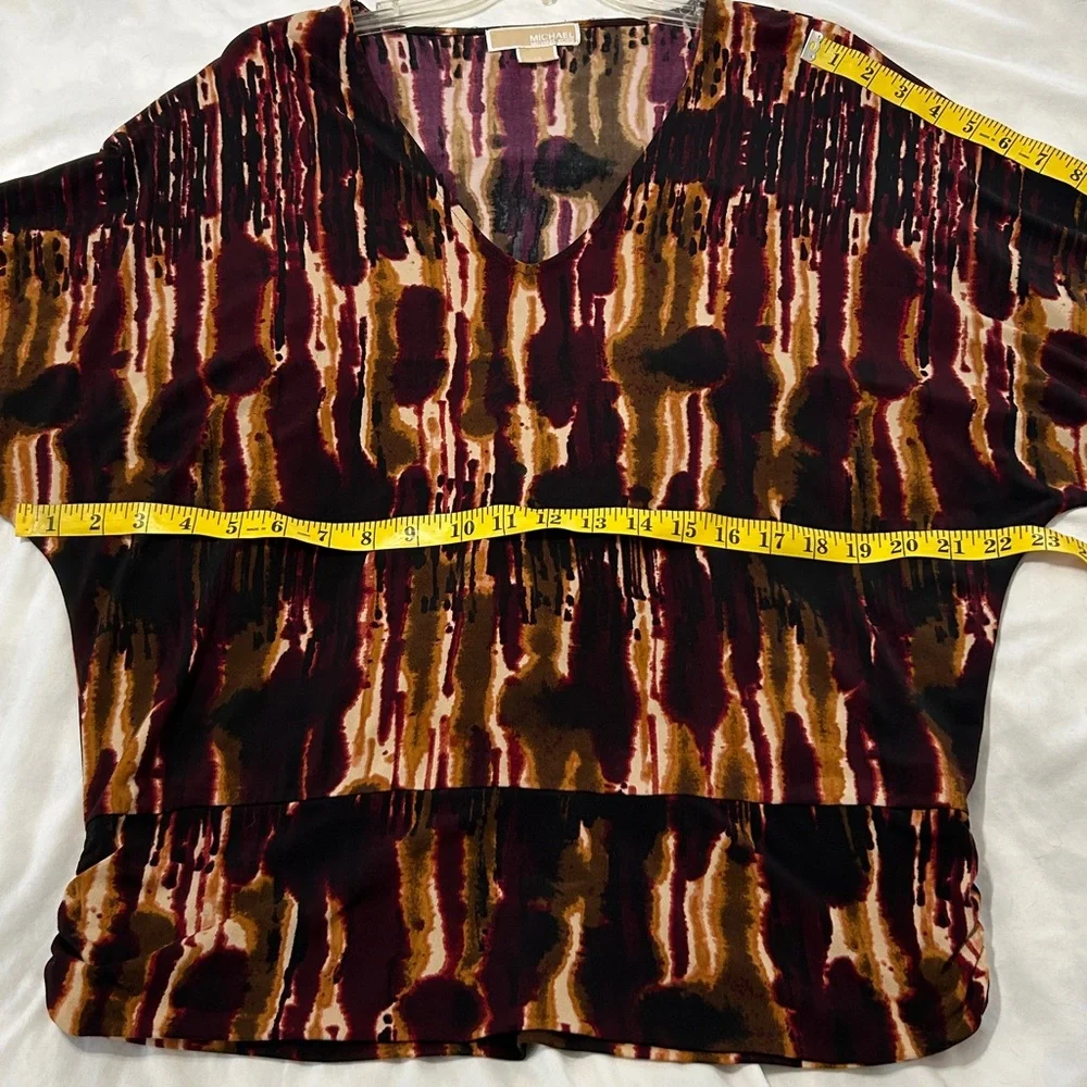 Michael Kors Merlot Purple Brown Black Tan Brown Abstract Dolman Sleeve Blouse